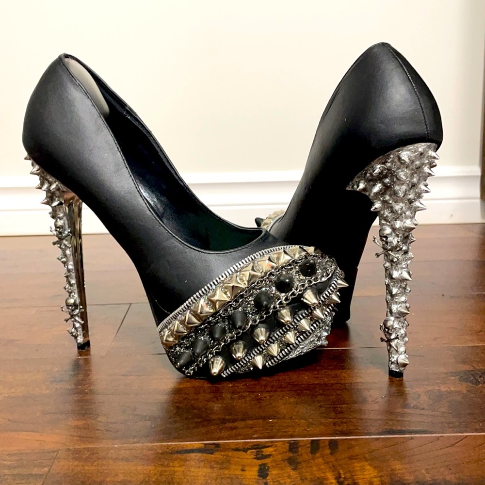 Spiked Studded Skull Zipper Chain High Heels